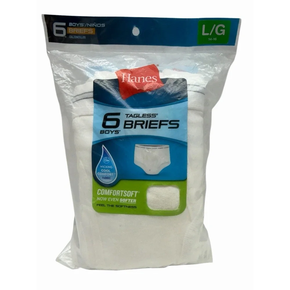 Hanes 6‎ Pack Tagless White Boys Briefs Underwear Size L Large (14-16) NIP